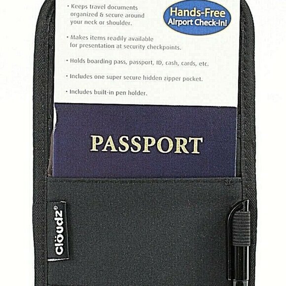 Cloudz 9"x5" Black Zipper Ring Pen Passport ID & Boarding Pass Holder - Picture 2 of 6